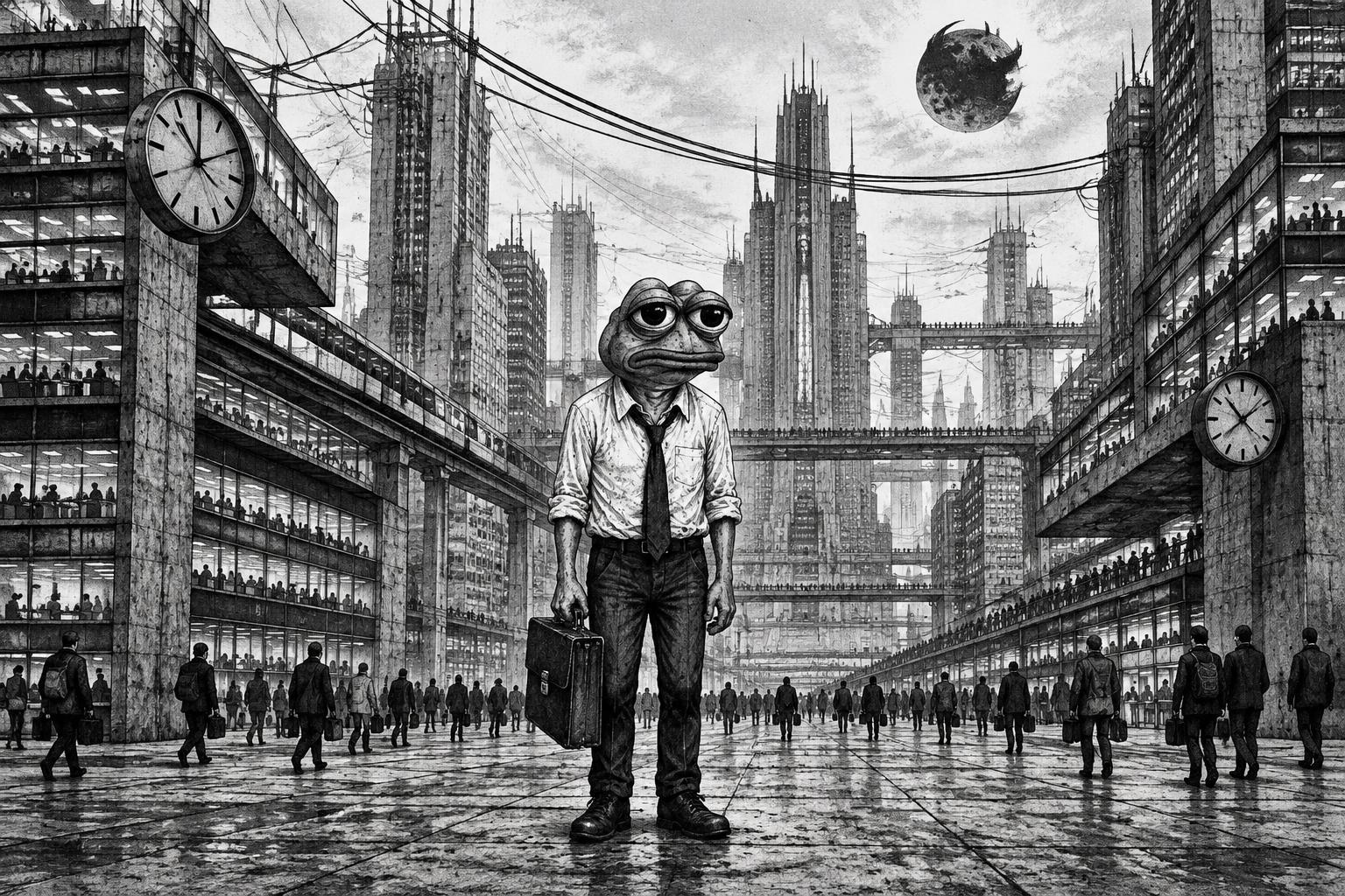 A weary Employim worker carrying his briefcase through an ink-drawn city
