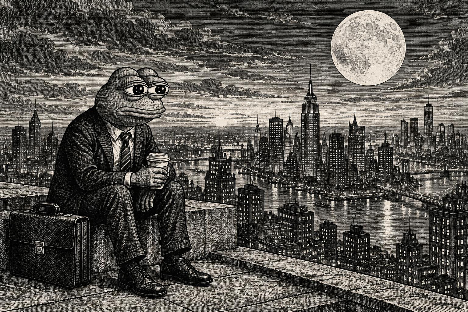 Frog worker taking a coffee break above the city