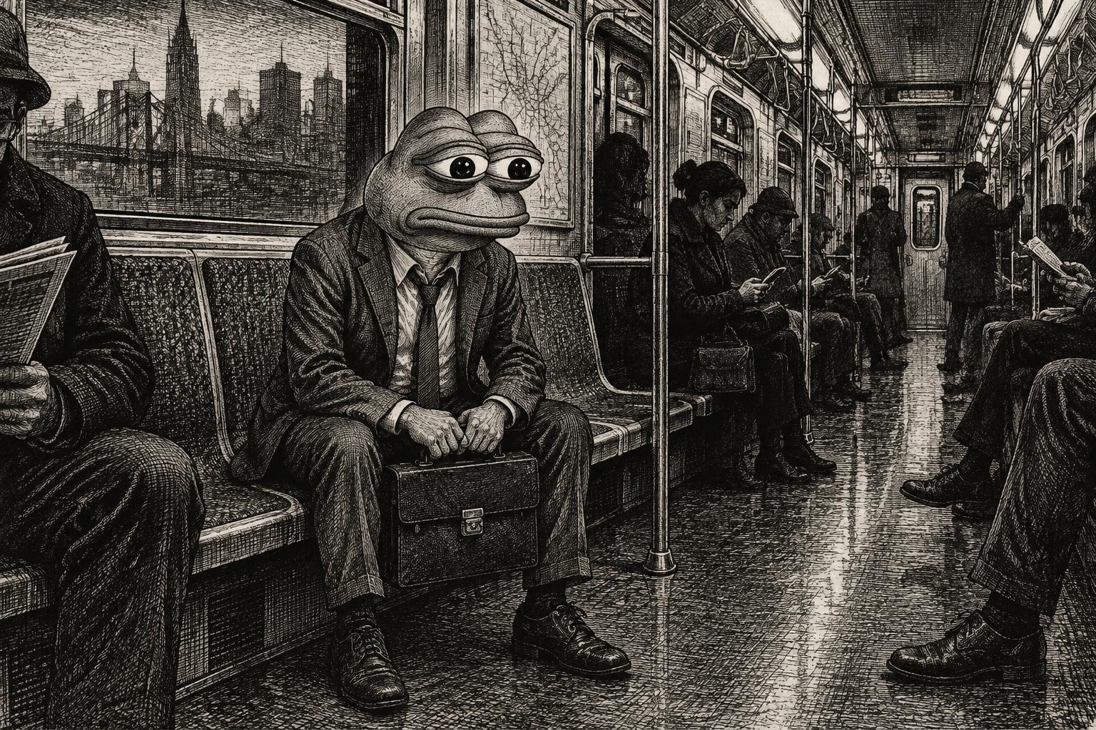 Frog worker riding the subway with a briefcase